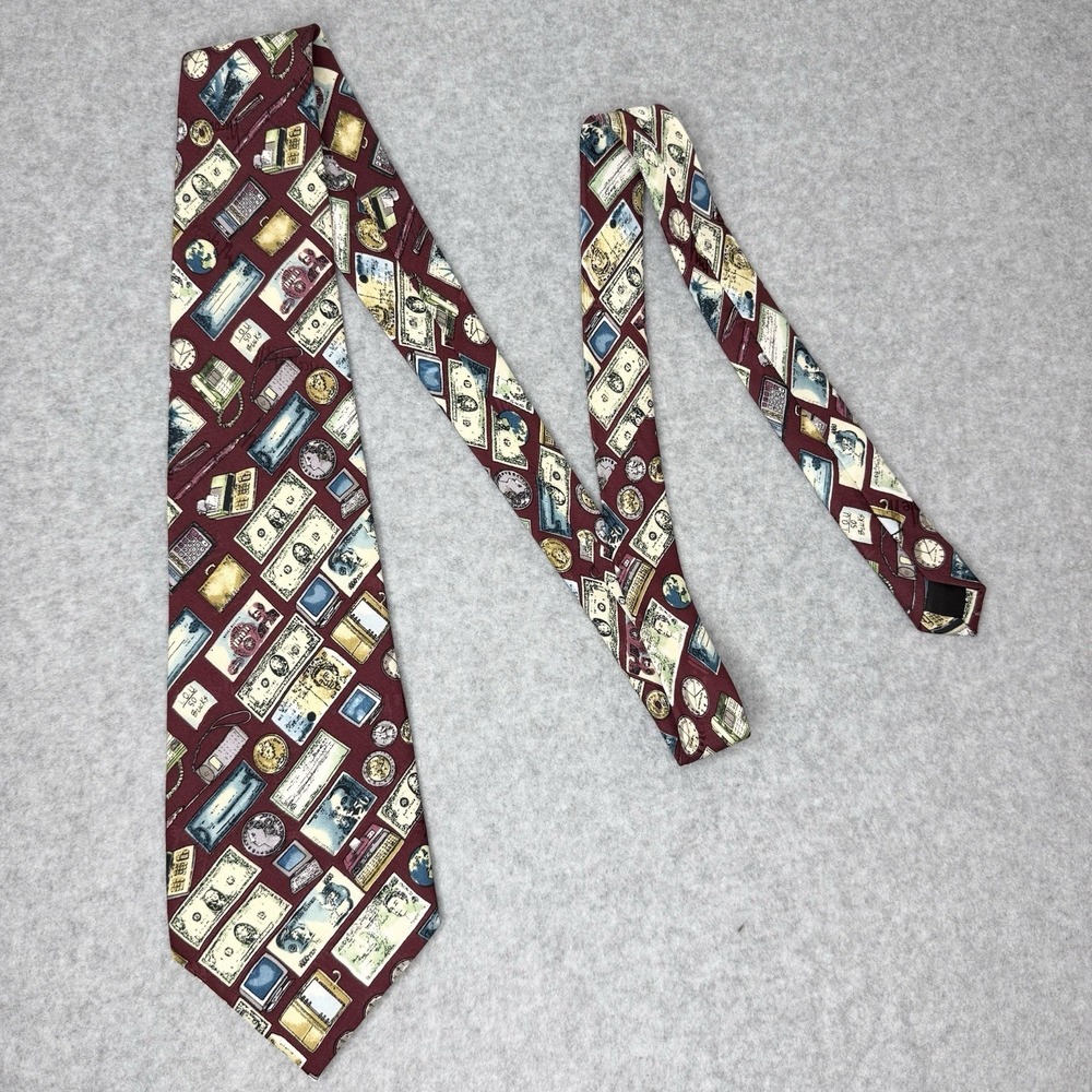 Vintage Nicole Miller International Currency Money Silk Neck Tie Coins Dollars